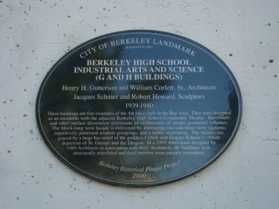 Berkeley High School Industrial Arts and Science (G and H Buildings) Marker. Click for full size. Berkeley High School Industrial Arts and Science (G and H Buildings) Marker image. Click for full size.
