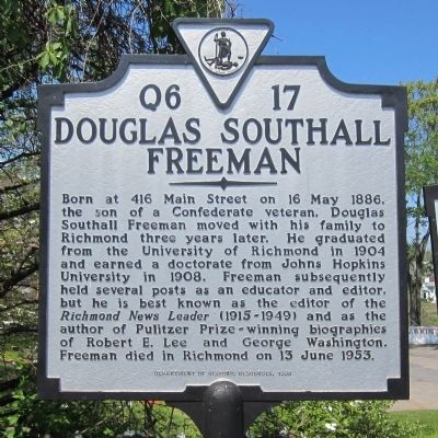 Douglas Southall Freeman Marker. Click for full size. Douglas Southall Freeman Marker image. Click for full size.