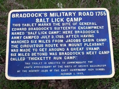 Braddock's Military Road 1755 Salt Lick Camp Marker. Click for full size. Braddock's Military Road 1755 Salt Lick Camp Marker image. Click for full size.
