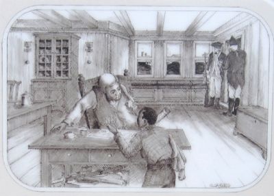 An artist’s conception of the young servant speaking with a British agent. image. Click for full size.