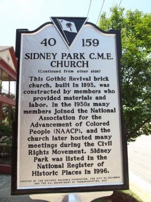 Sidney Park C.M.E. Church Marker Reverse. Click for full size. Sidney Park C.M.E. Church Marker Reverse image. Click for full size.