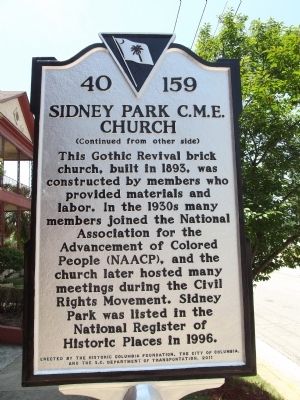 Sidney Park C.M.E. Church Marker Reverse image. Click for full size.