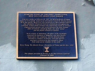 Starting Point of the First Traditional New Orleans Mardi Gras Parade Marker image. Click for full size.