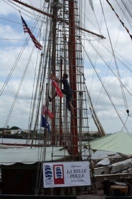 Savannah Waterfront, Tall Ships 2012, French Schooner "La Belle Poule" hanging a pennant image. Click for full size.