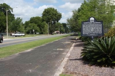 Gainesville's Railroads / Past Railroads of Gainesville Marker, looking north along old railbed image. Click for full size.