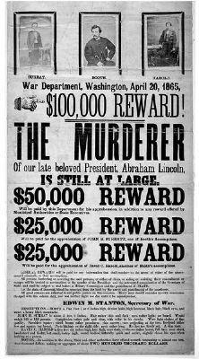 Wanted poster for "The Murderer" and his "accomplices": Surratt and Harold image. Click for full size.