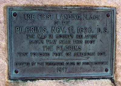 The Landing Place of the Pilgrims, Nov. 11, 1620, O.S. Marker image. Click for full size.