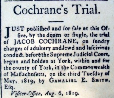 Trial Advertisement on Jacob Cochran Marker image. Click for full size.