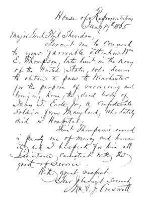 A Letter of Introduction to Major General Phil Sheridan image. Click for full size.
