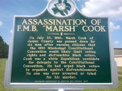 Assassination of F.M.B. "Marsh" Cook Marker. Click for full size. Assassination of F.M.B. "Marsh" Cook Marker image. Click for full size.