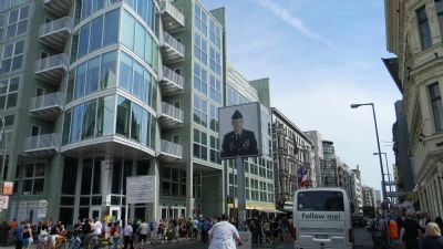 Checkpoint Charlie Site - view across Friedrichstraß with Checkpoint Charlie Museum in background. Click for full size. Checkpoint Charlie Site - view across Friedrichstraß with Checkpoint Charlie Museum in background image. Click for full size.