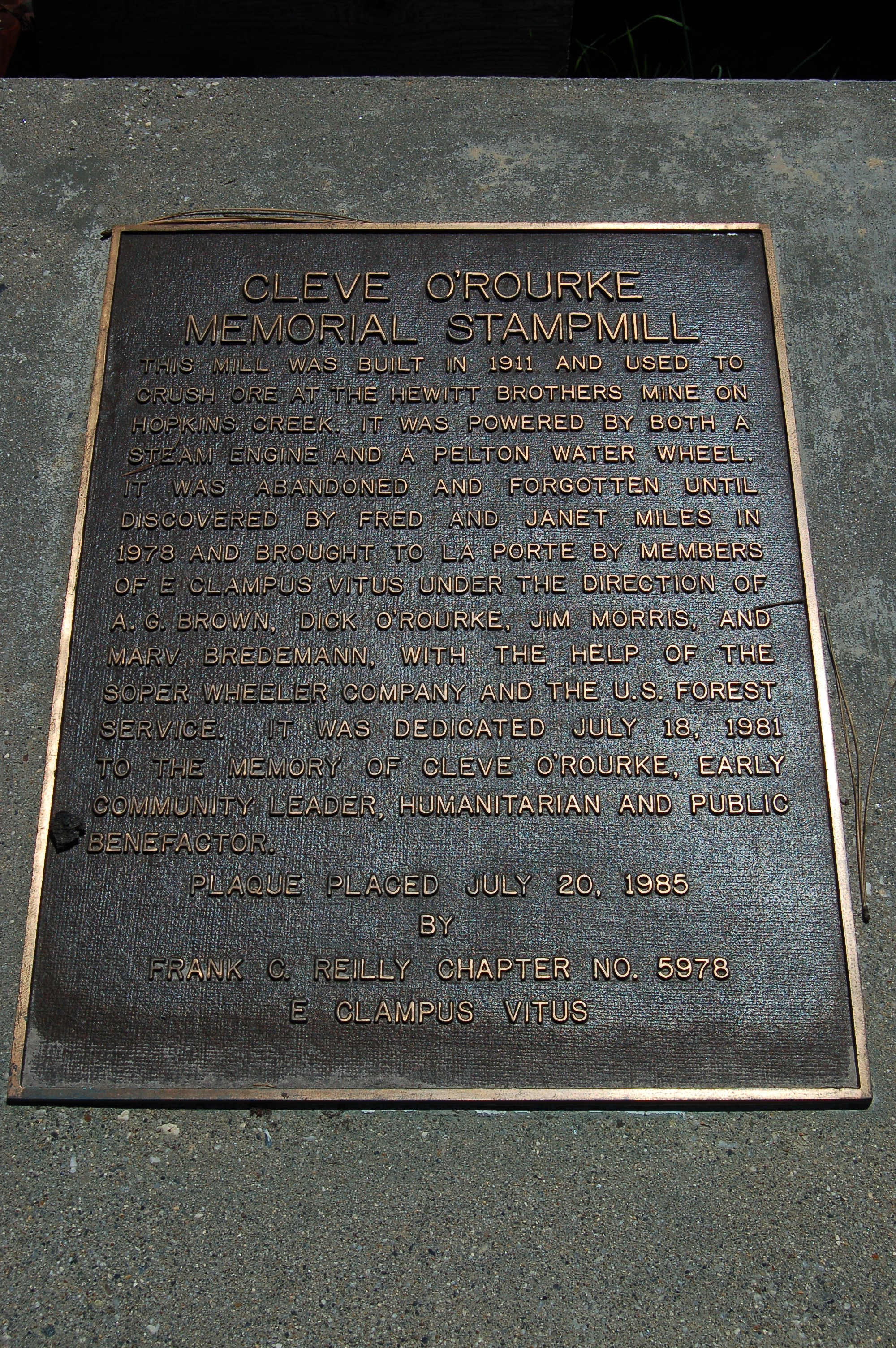 Cleve O’Rourke Memorial Stampmill Marker