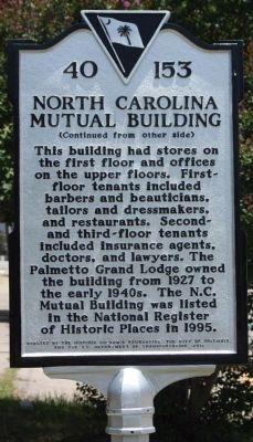 North Carolina Mutual Building Marker, reverse side image. Click for full size.