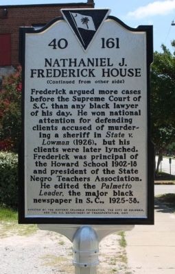 Nathaniel J. Frederick House Marker, reverse side image. Click for full size.