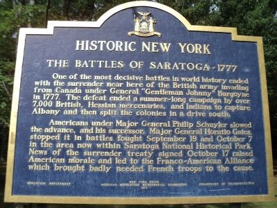 The Battles of Saratoga - 1777 Marker. Click for full size. The Battles of Saratoga - 1777 Marker image. Click for full size.