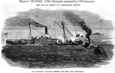 "The Steamship 'Sassacus' Ramming The Rebel Ram 'Albemarle'" image. Click for full size.