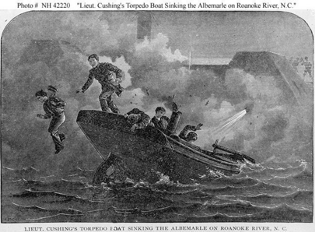 Lieut. Cushing's Torpedo Boat sinking the Albemarle on Roanoke River, N.C. image. Click for full size.