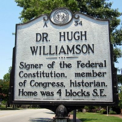 Dr. Hugh Williamson Marker. Click for full size. Dr. Hugh Williamson Marker image. Click for full size.