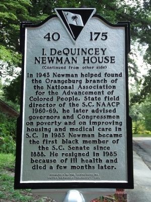 I. DeQuincey Newman House Marker Reverse image. Click for full size.