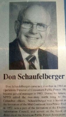 Don Schaufelberger on Columbus Area Business Hall of Fame Marker. Click for full size. Don Schaufelberger on Columbus Area Business Hall of Fame Marker image. Click for full size.
