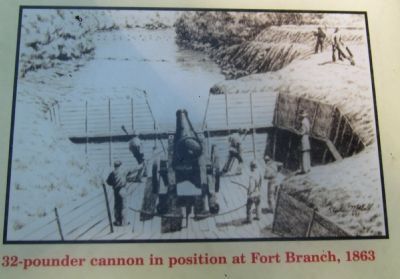 32-pdr cannon in position at Fort Branch, 1863 image. Click for full size.