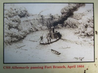 CSS <i>Albemarle</i> passing Fort Branch, April 1864 image. Click for full size.