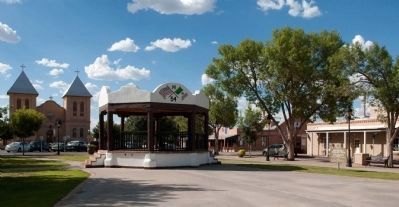 Mesilla Town Plaza Viewed From South, Showing Bandstand and Basilica of San Albino. image. Click for full size.
