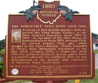 The Honorable Vern Riffe (1925 - 1997) Marker image. Click for full size.