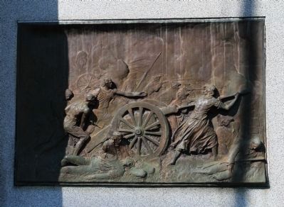 Bronze sculpture on the right side of the Molly Pitcher Grave. image. Click for full size.