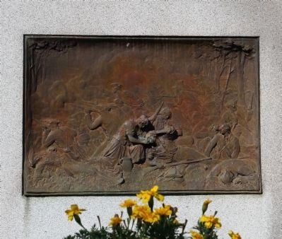 Bronze sculpture on the left side of the Molly Pitcher Grave. image. Click for full size.
