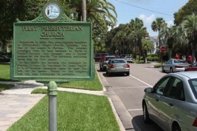 First Presbyterian Church Marker, looking north along N 6th Street. Click for full size. First Presbyterian Church Marker, looking north along N 6th Street image. Click for full size.
