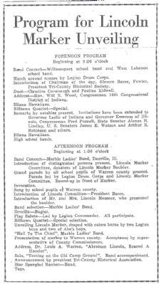 Program for Lincoln Marker Unveiling - - 1930 image. Click for full size.