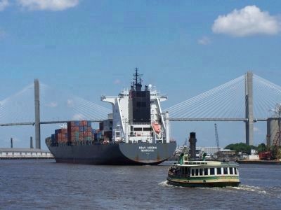 Savannah Waterfront, container ship heading to port, with ferry boat image. Click for full size.