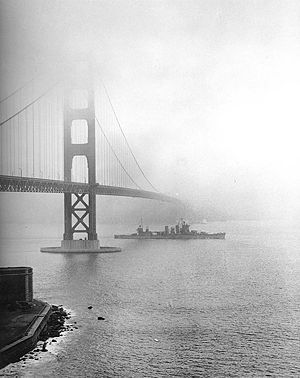 USS <i>San Francisco</i> passing under the Golden Gate Bridge, December 1942</b> image. Click for full size.