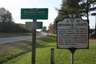 Brunswick County / Greensville County Marker, looking west along US 58 image. Click for full size.