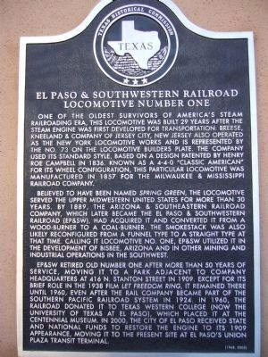 El Paso & Southwestern Railroad Locomotive Number One Marker image. Click for full size.