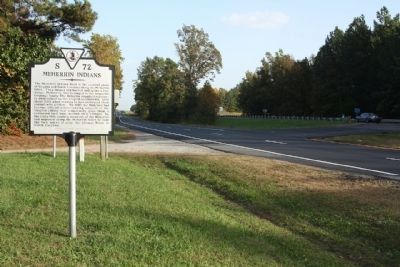 Meherrin Indians Marker at Pleasant Shade Drive / Governor Harrison Parkway and 5 Forks Access Road. image. Click for full size.