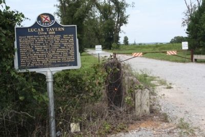 Lucas Tavern Marker, at driveway to the site image. Click for full size.