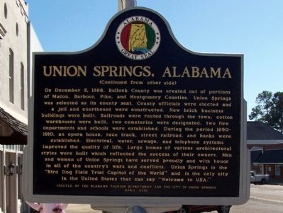 Union Springs, Alabama Marker, back image. Click for full size.