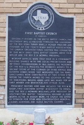 First Baptist Church of Corsicana Marker. Click for full size. First Baptist Church of Corsicana Marker image. Click for full size.