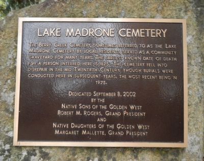 Lake Madrone Cemetery Marker image. Click for full size.