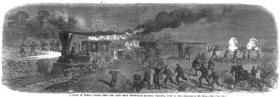 A band of rebels firing into the [railroad] cars near Tunstall's Station, Virginia, June 13, 1862 image. Click for full size.