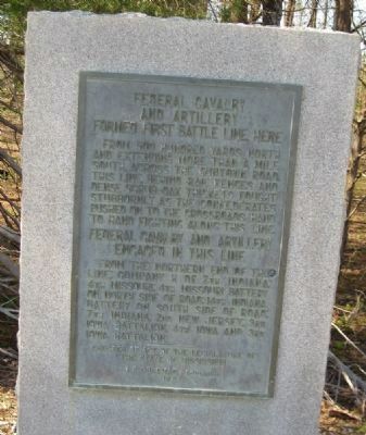 Federal Cavalry and Artillery Formed First Battle Line Here Marker. Click for full size. Federal Cavalry and Artillery Formed First Battle Line Here Marker image. Click for full size.