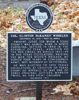 Colonel Clinton McKamey Winkler Marker. Click for full size. Colonel Clinton McKamey Winkler Marker image. Click for full size.