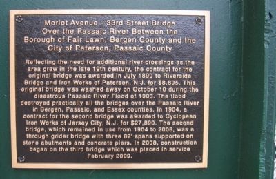 Morlot Ave - 33rd St. Bridge Over the Passaic River Marker. Click for full size. Morlot Ave - 33rd St. Bridge Over the Passaic River Marker image. Click for full size.