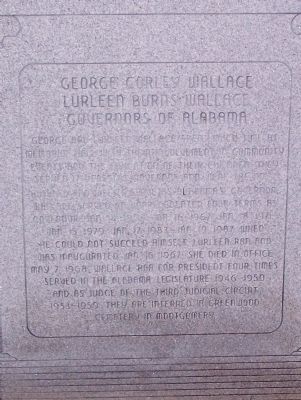 George Corley Wallace, Lurleen Burns Wallace Governors of Alabama Marker. Click for full size. George Corley Wallace, Lurleen Burns Wallace Governors of Alabama Marker image. Click for full size.