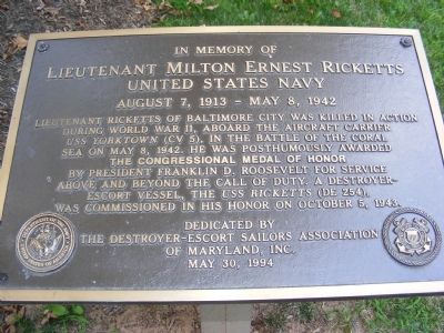 Lieutenant Milton Ernest Ricketts Memorial Marker image. Click for full size.