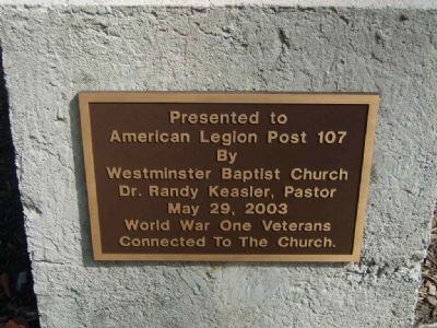 Westminster First Baptist Church World War I Monument<br>Bottom Plaque image. Click for full size.