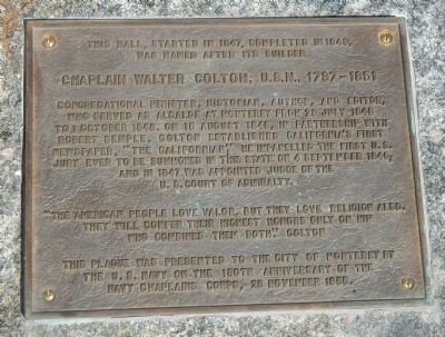Chaplain Walter Colton, U.S.N., 1787-1851 Marker image. Click for full size.