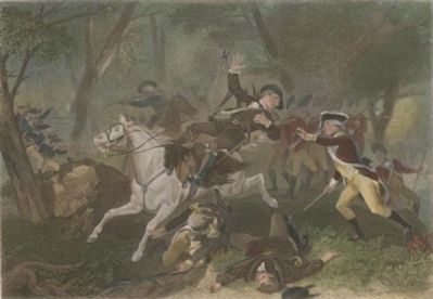 Engraving depicting the death of British Major Patrick Ferguson at the Battle of Kings Mountain image. Click for full size.